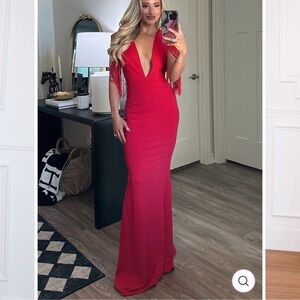 “Take me to Nashville” Chic Red Maxi Dress with Plunge Neckline